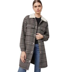 Rails Jaro Long Coat Womens Medium Onyx Taupe Plaid Wool‎ Blend Oversized $425